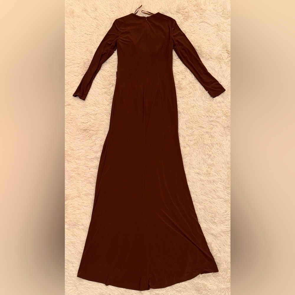 NWOT Mac Duggal Chocolate 55708 Long Sleeve Keyhole Draped  Jersey Maxi Gown 2 - Picture 7 of 8